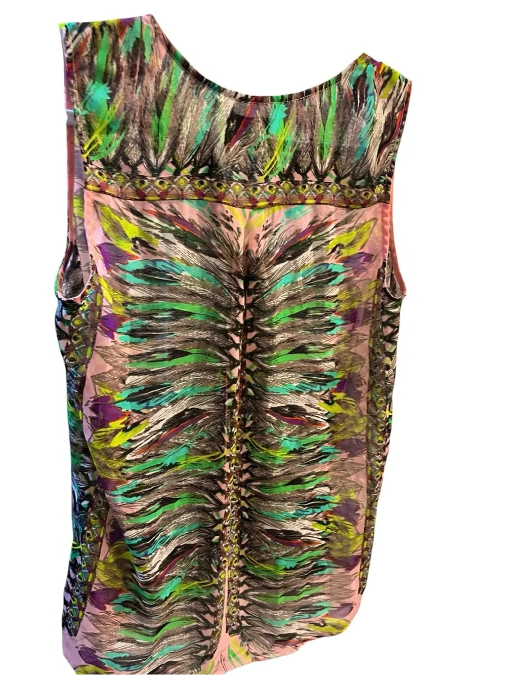 Hale Bob Pink Sleeveless Feather-Print Camisole with Green Accents